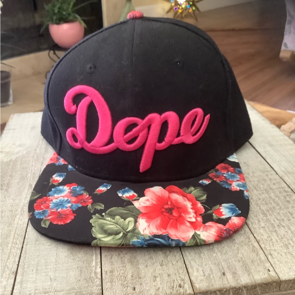 DOPE Black Hat with Pink Script and Floral Brim, 100% Cotton